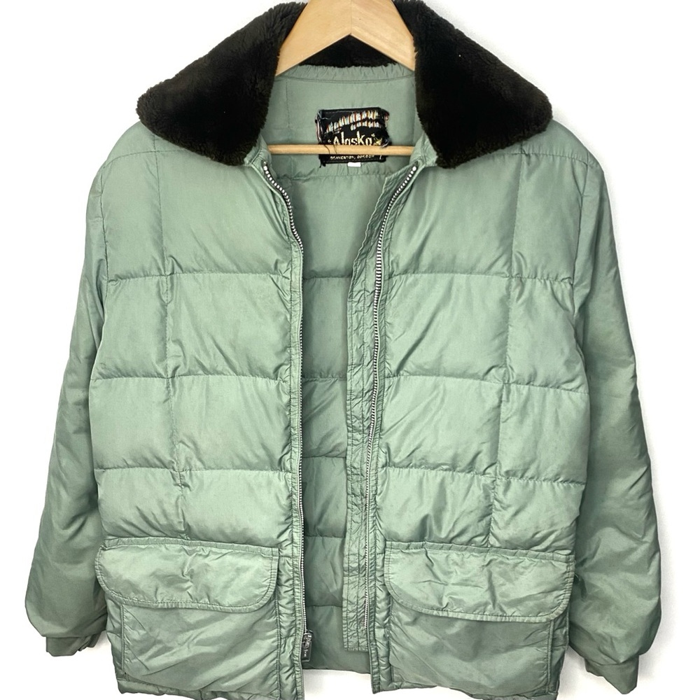 Vintage 60’s Alaska Sleeping Bag Co Sage Green Down Filled Jacket Talon Zipper L - Picture 3 of 9